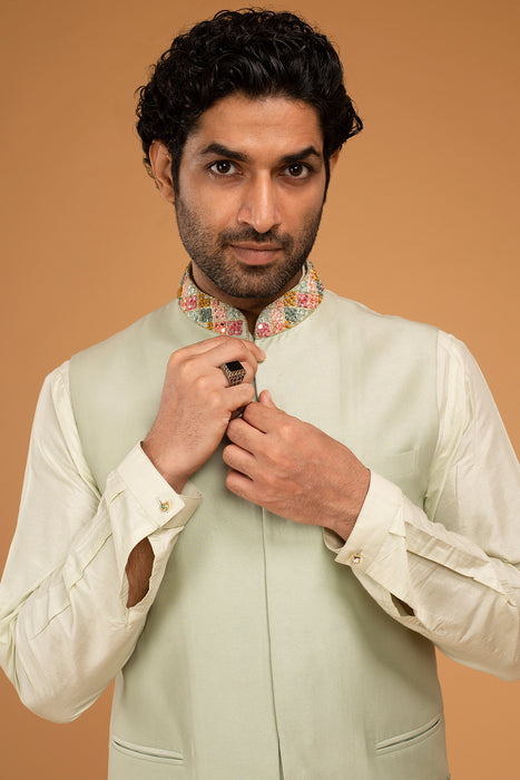 Mint Nehru With Mirror Work + Pista Kurta