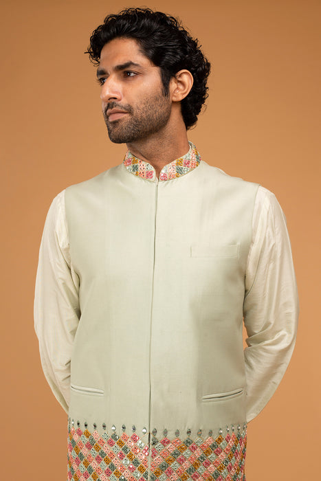 Mint Nehru With Mirror Work + Pista Kurta