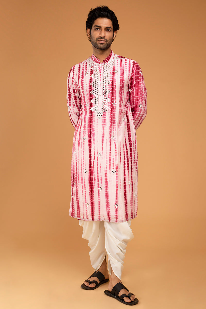 Red Tie Dye Kurta With Mirror Work