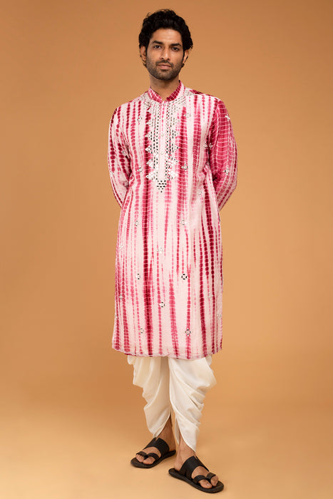 Red Tie Dye Kurta With Mirror Work