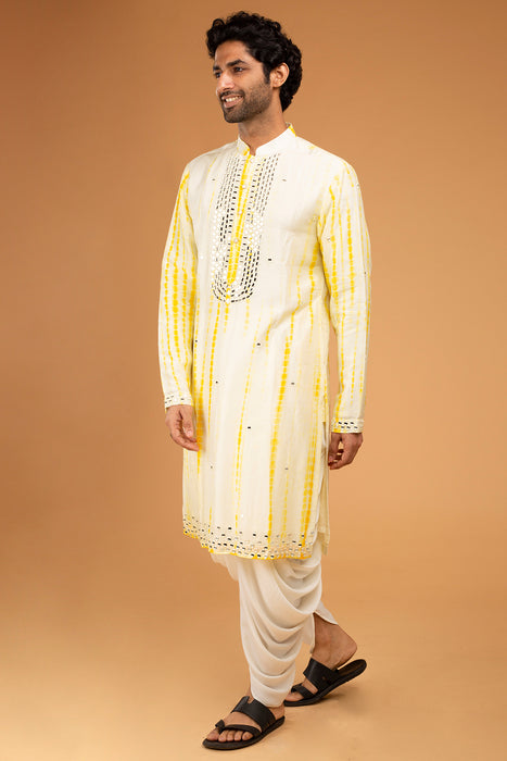 Yellow Tie Dye Kurta With Mirror Work