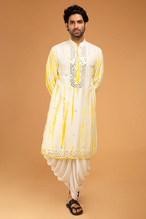 Yellow Tie Dye Kurta With Mirror Work
