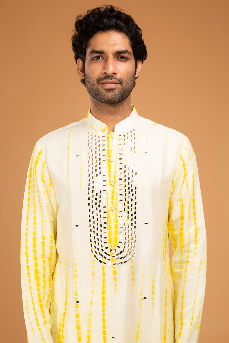 Yellow Tie Dye Kurta With Mirror Work