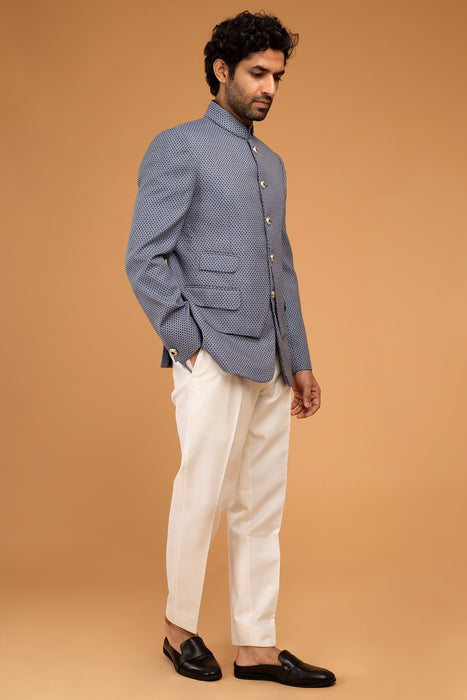 Whiteblue Texture Bandhgala With Front Panel