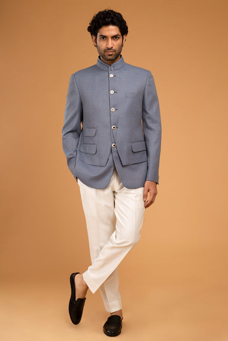 Whiteblue Texture Bandhgala With Front Panel