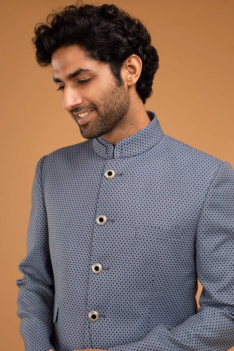 Whiteblue Texture Bandhgala With Front Panel