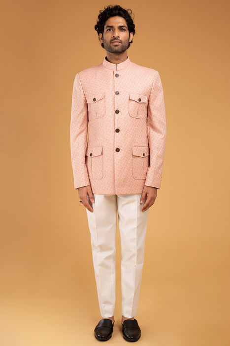 Peach Jacquard Patch Pocket Bandhgala