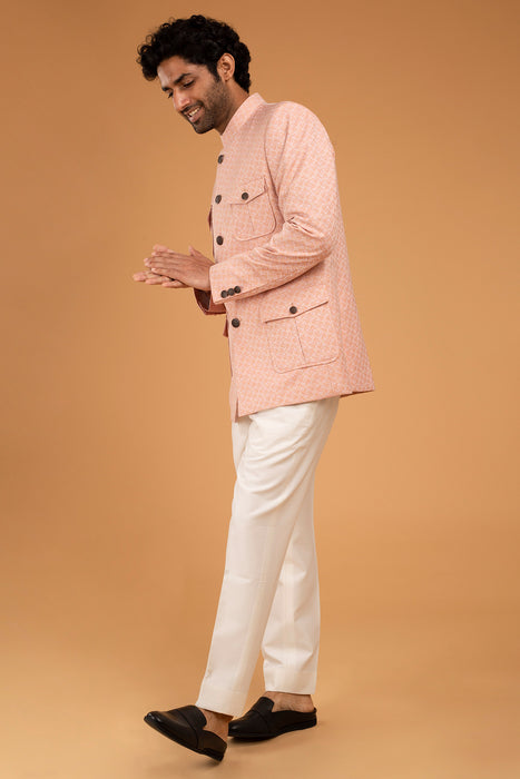 Peach Jacquard Patch Pocket Bandhgala