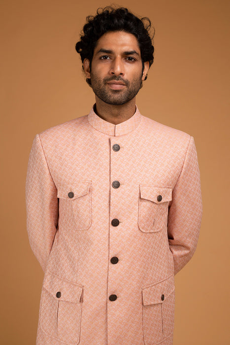 Peach Jacquard Patch Pocket Bandhgala