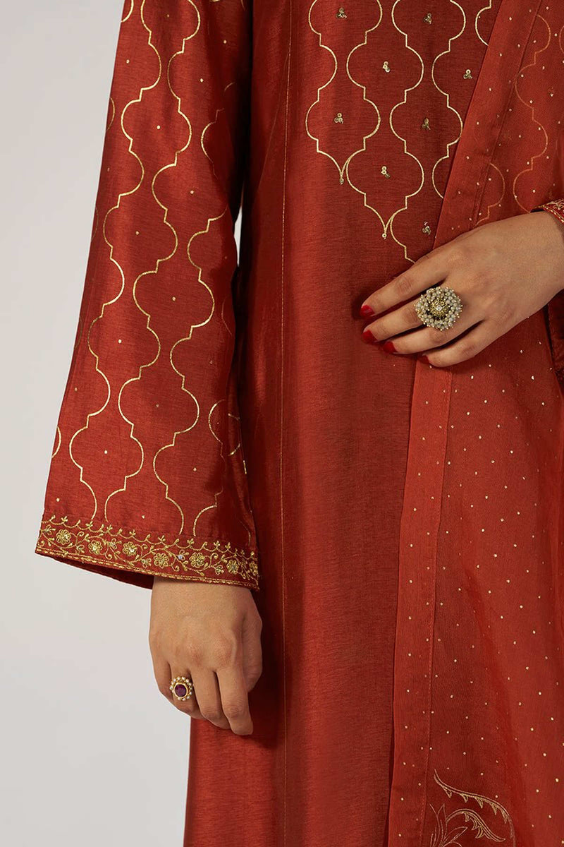 Rust Raw Silk Festive Kurta Set