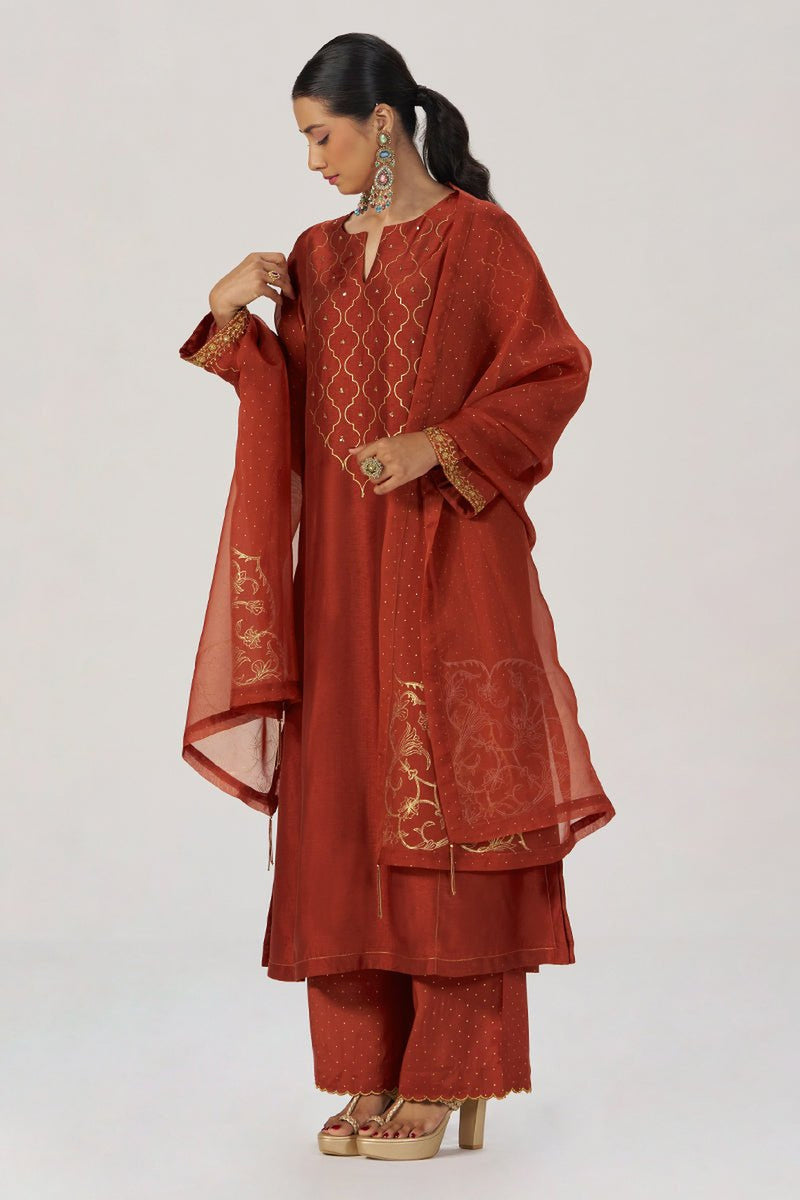 Rust Raw Silk Festive Kurta Set