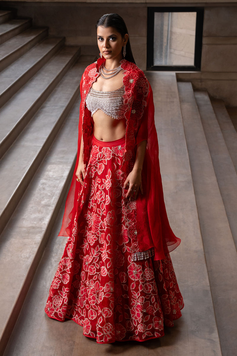 Crimson Jaal Cape and Lehenga Set