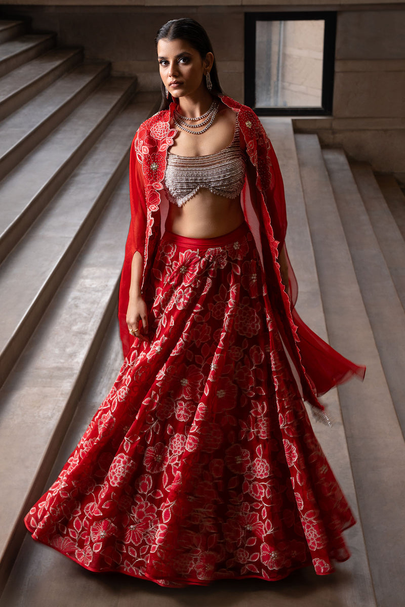 Crimson Jaal Cape and Lehenga Set