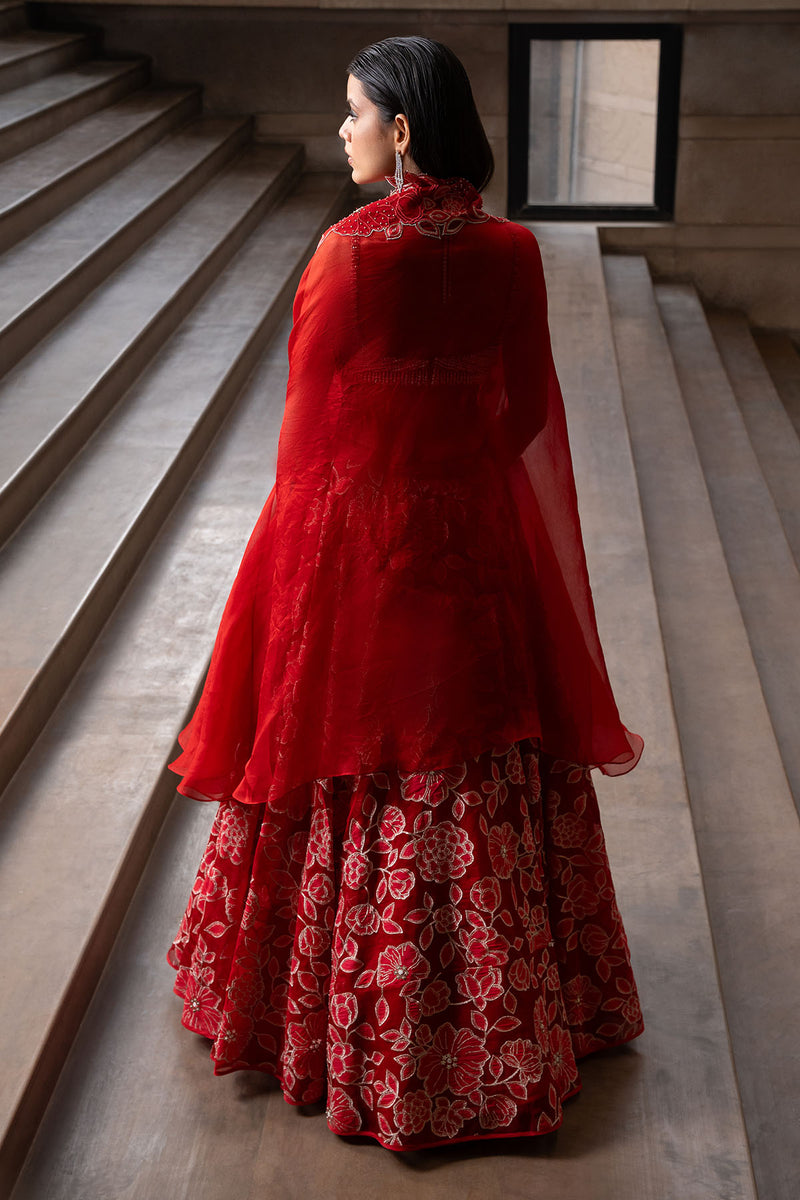 Crimson Jaal Cape and Lehenga Set