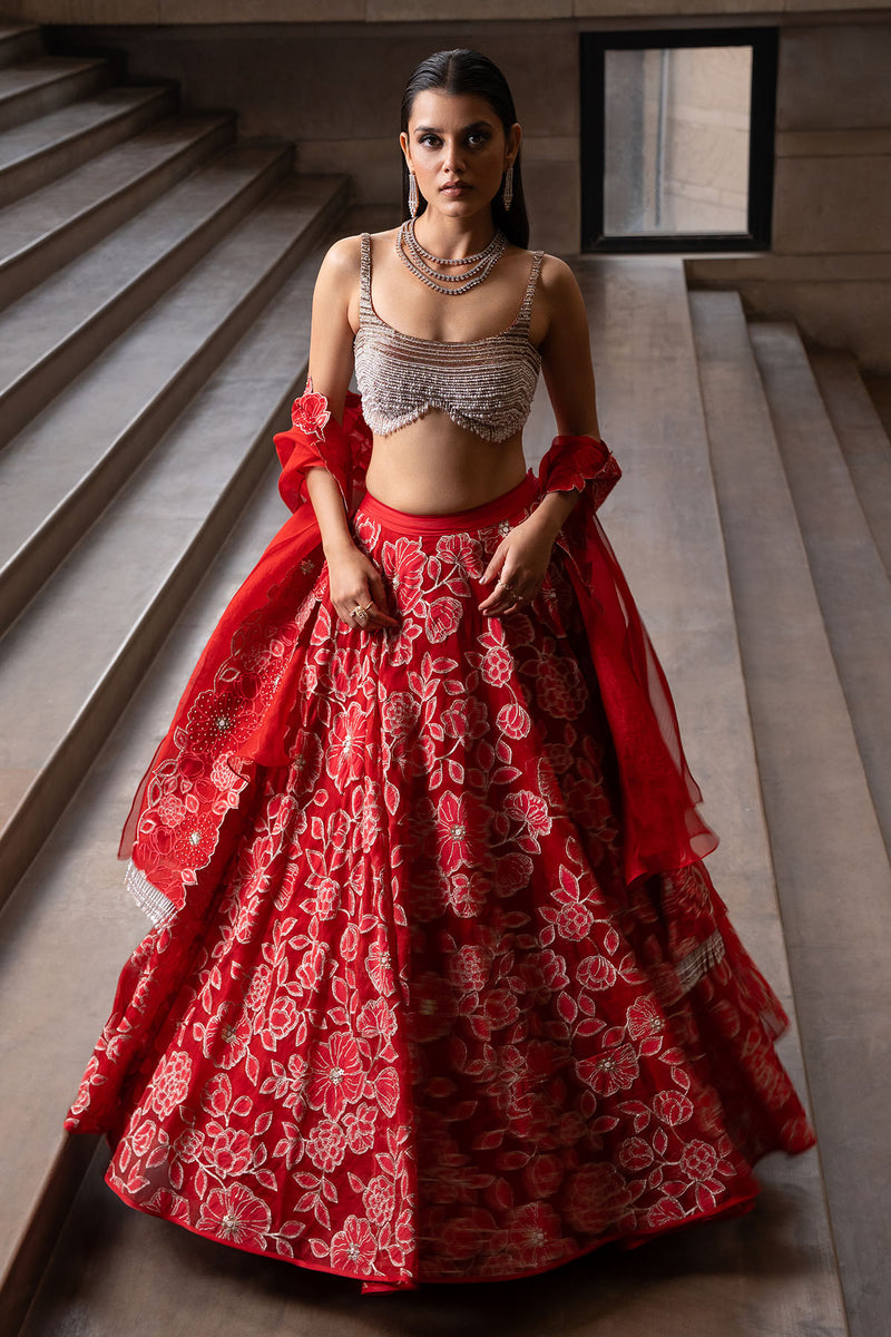 Crimson Jaal Cape and Lehenga Set