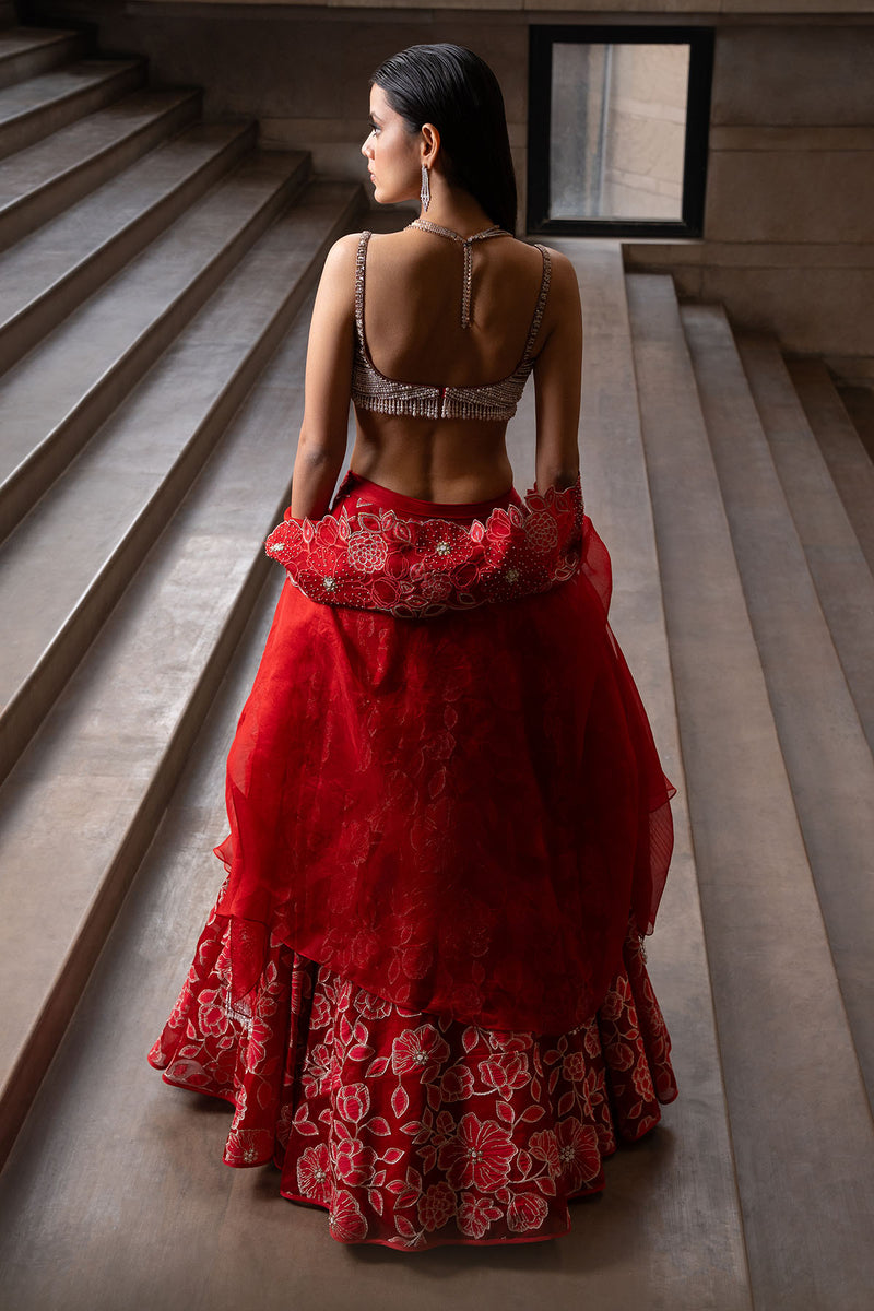 Crimson Jaal Cape and Lehenga Set