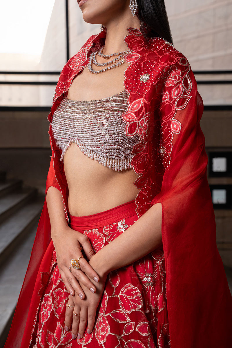 Crimson Jaal Cape and Lehenga Set