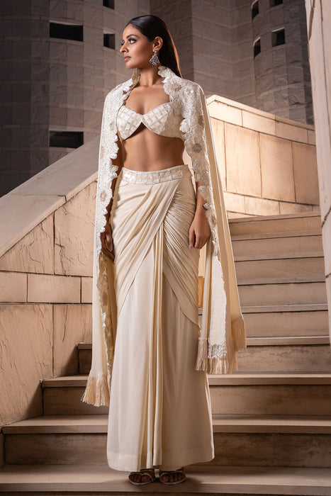 Ivory Cape-Cum-Saree Set