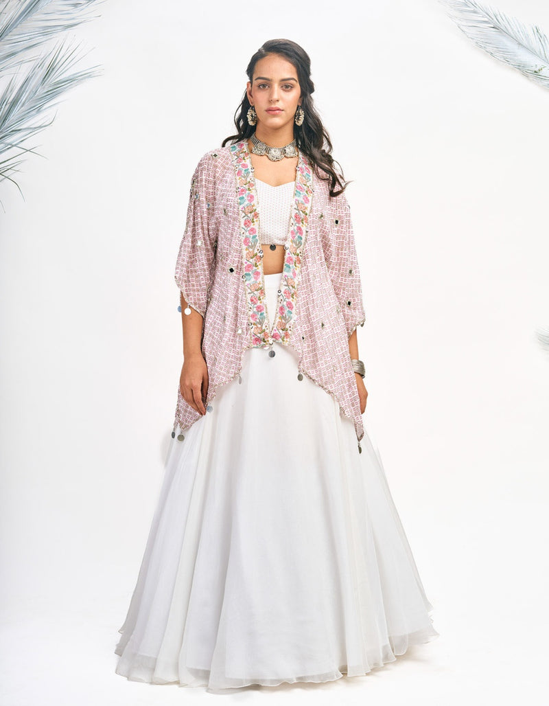 White Digital Printed Cape with Skirt and Crop Top Set