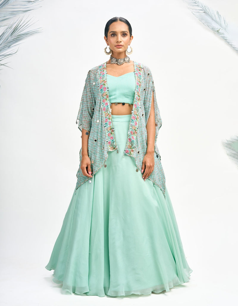 Turquoise Digital Printed Cape with Skirt and Crop Top Set