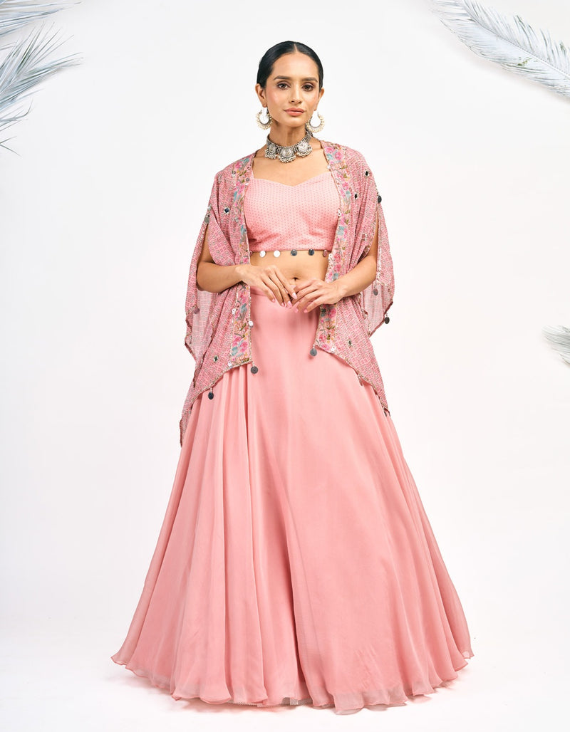 Peach Digital Printed Cape with Skirt and Crop Top Set