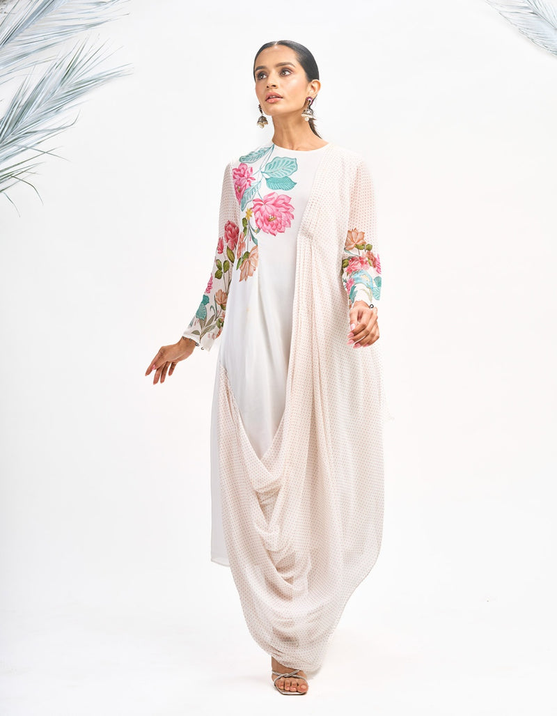 White Digital Printed Drape Dress