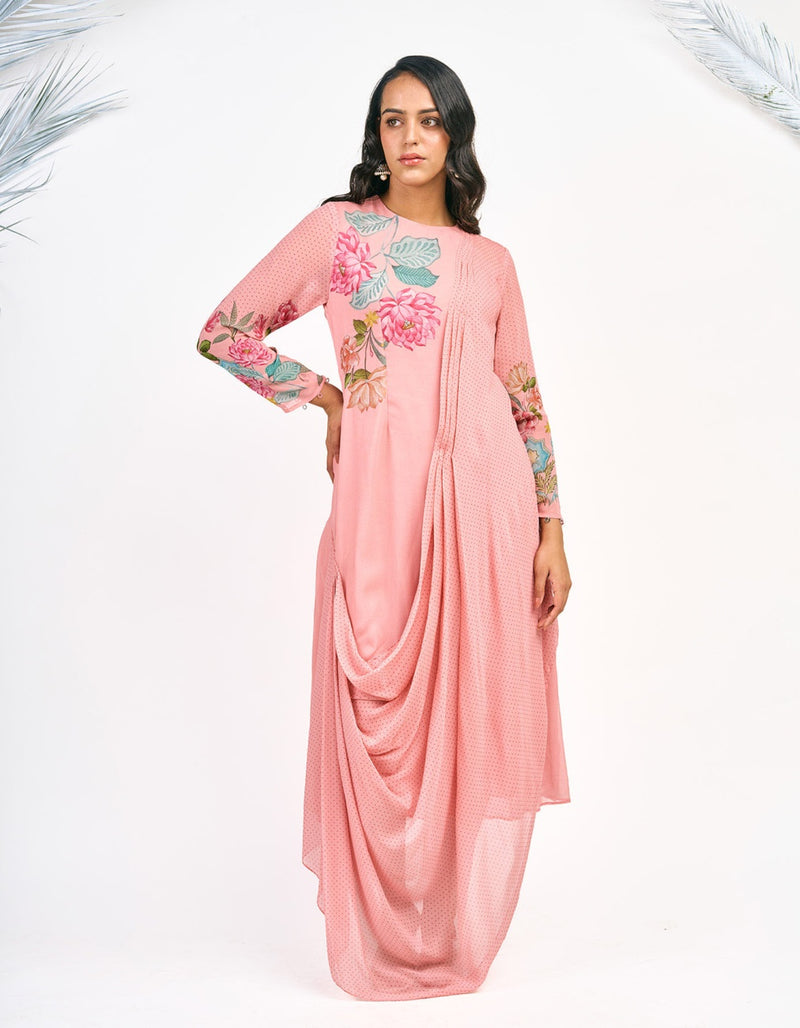 Peach Digital Printed Drape Dress